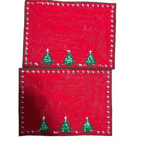 VTG Handmade Needlepoint Two Christmas Placemats 16”‎ X 12 “ Christmas Trees